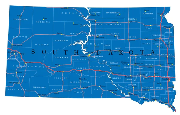 Podrobná Mapa Státu Jižní Dakota Vektorovém Formátu Krajskými Hranicemi Silnicemi — Stockový vektor