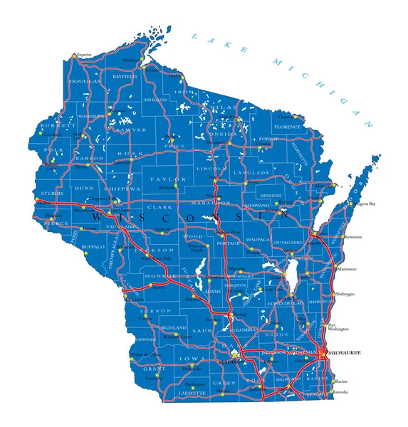 Detailed Map Wisconsin State Vector Format County Bands Road Major — стоковий вектор