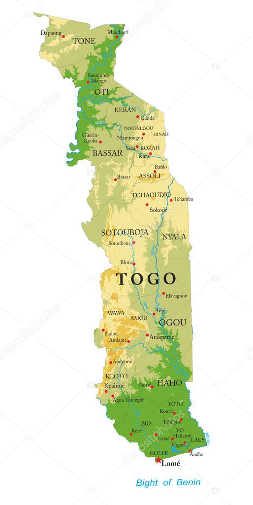 Highly detailed physical map of the Togo,in vector format,with all the relief forms,regions and big cities.