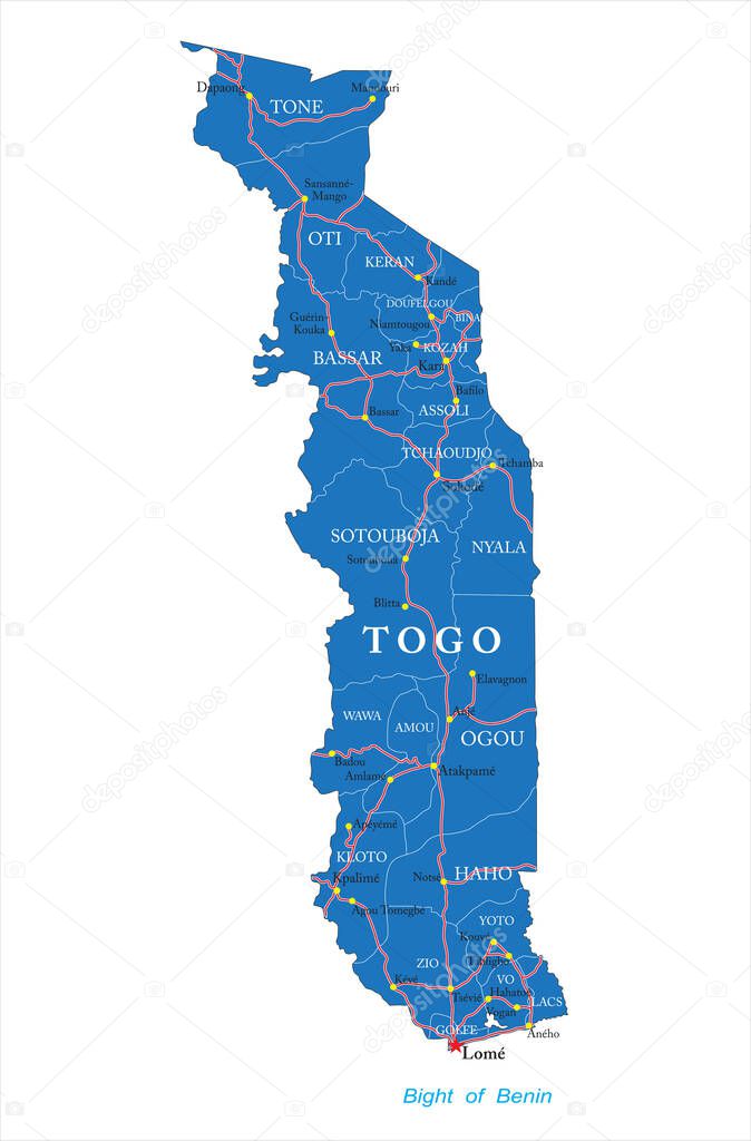Togo highly detailed vector map with administrative regions, main cities and roads.
