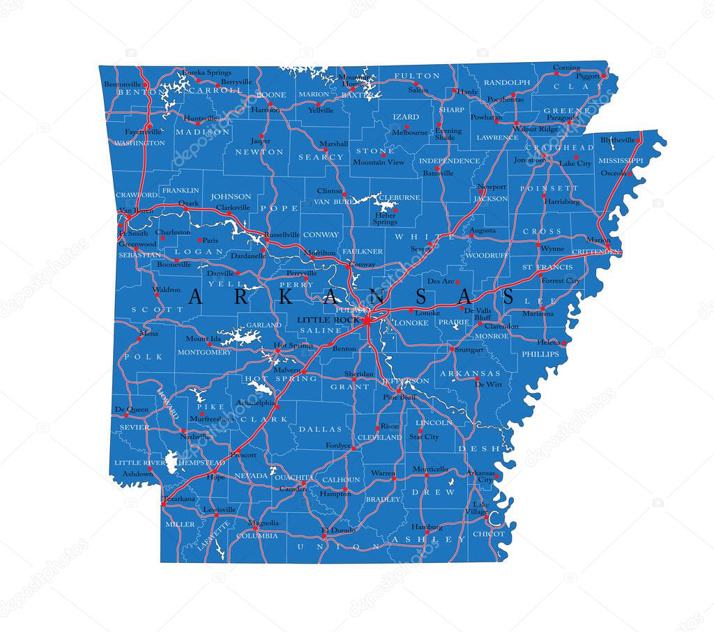 Detailed map of Arkansas state,in vector format,with county borders,roads and major cities