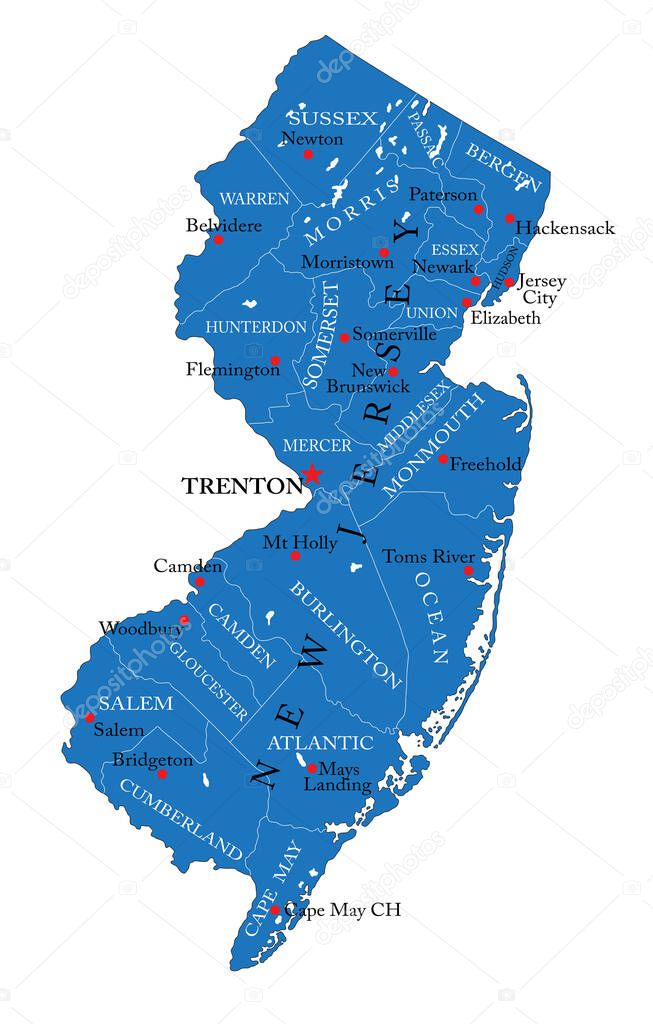 Detailed map of New Jersey state,in vector format,with county borders,roads and major cities