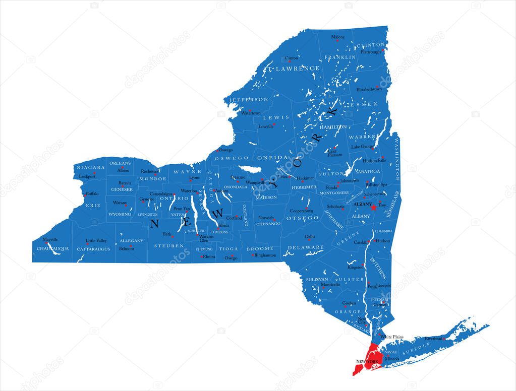 Detailed map of New York state,in vector format,with county borders,roads and major cities