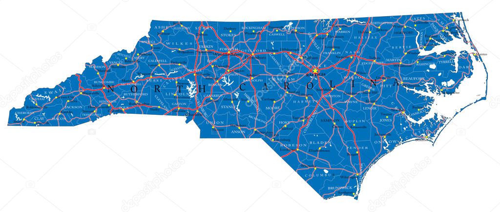 Detailed map of North Carolina state,in vector format,with county borders,roads and major cities.