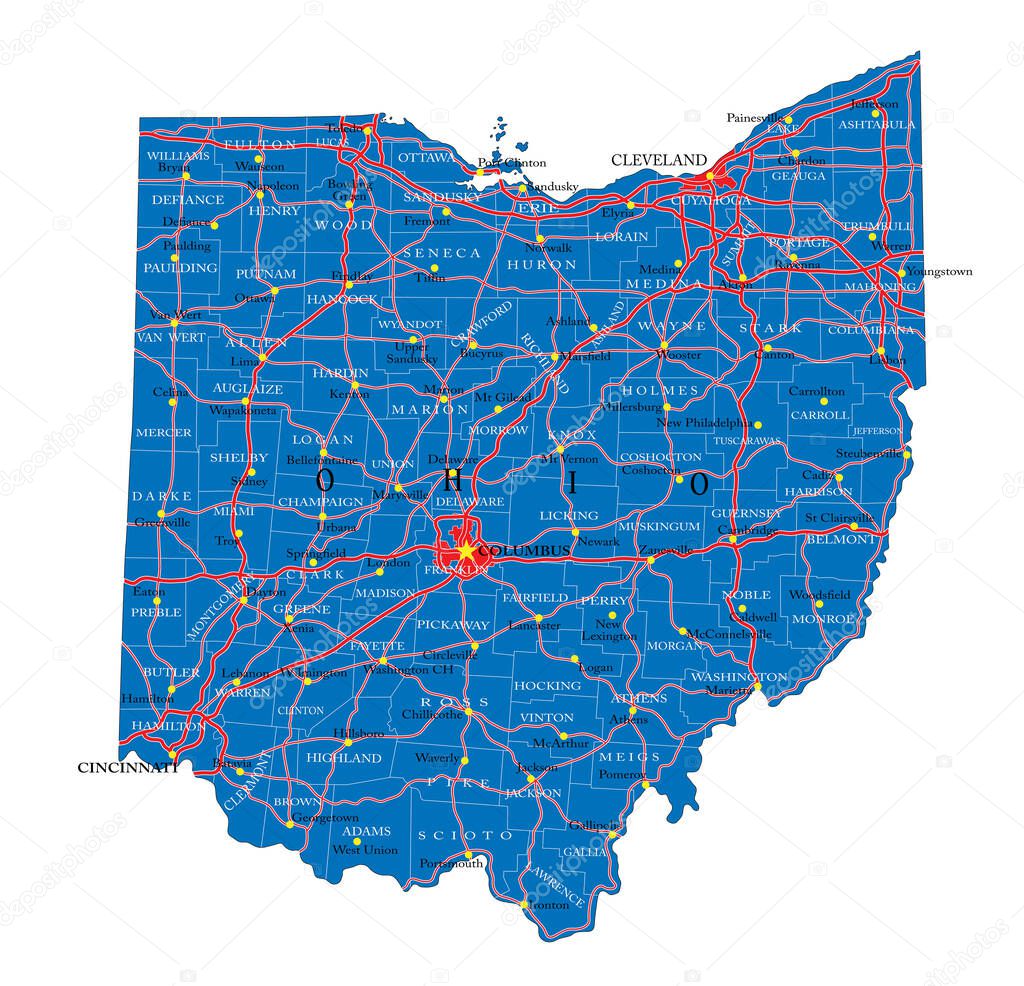 Detailed map of Ohio state,in vector format,with county borders,roads and major cities