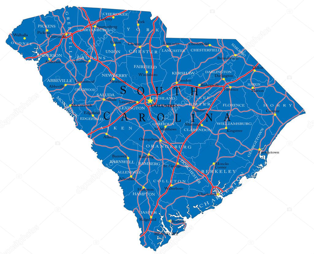 Detailed map of South Carolina state,in vector format,with county borders,roads and major cities.