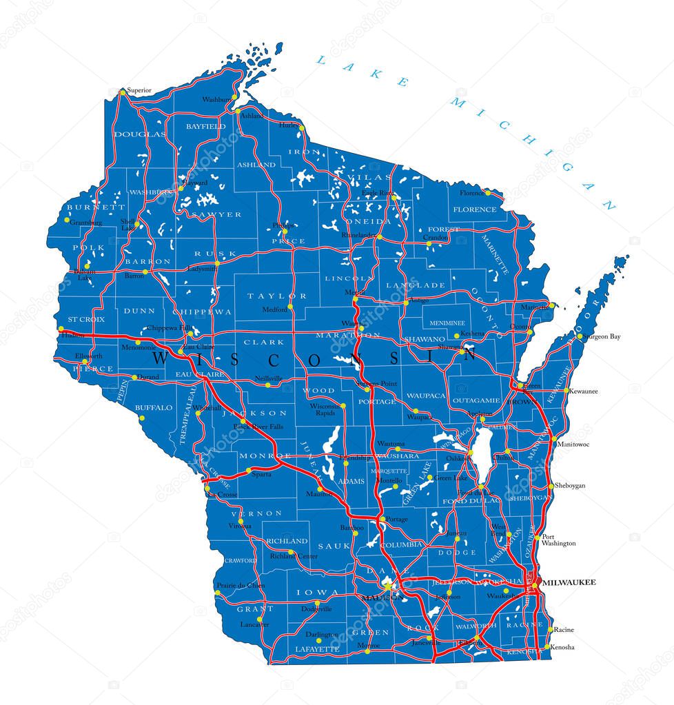 Detailed map of Wisconsin state,in vector format,with county borders,roads and major cities