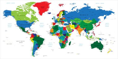 Güney Sudan, Kosova ve Kuzey Makedonya ile güncellenen ülkeler, büyük şehirler ve diğer etiketlerle dünyanın son derece ayrıntılı haritası