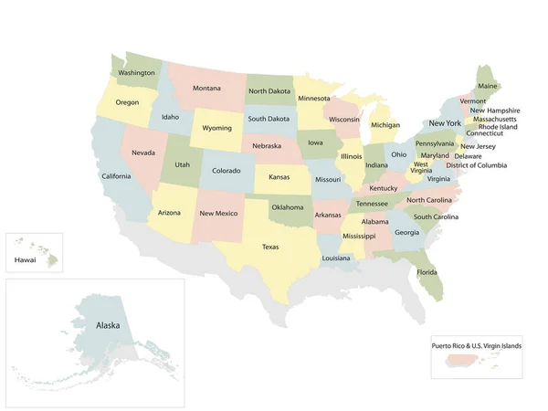 Politische Landkarte Der Vereinigten Staaten Mit Schlagschatten Auf Weißem Hintergrund — Stockvektor