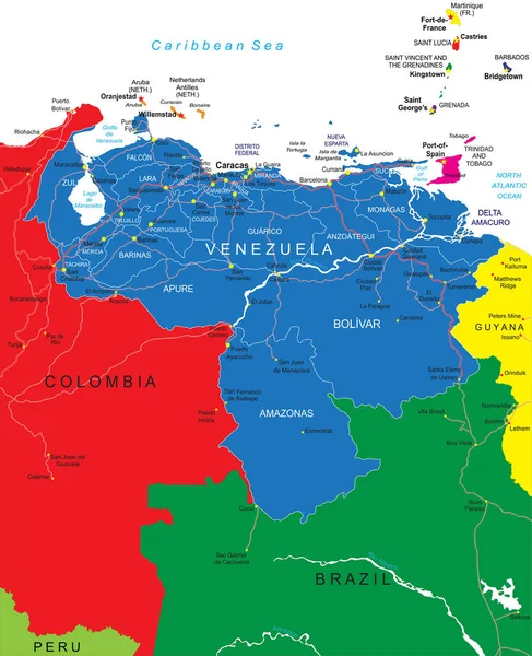 具有行政区 主要城市和公路的委内瑞拉高度详细的矢量图 — 图库矢量图片