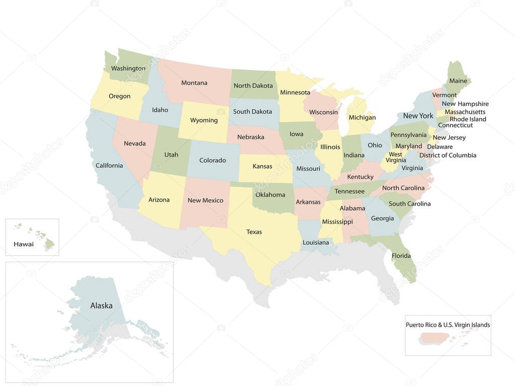 United states of America political map with drop shadow on white background