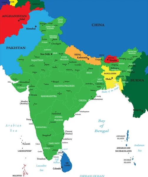 Vysoce Podrobná Mapa Indie — Stockový vektor