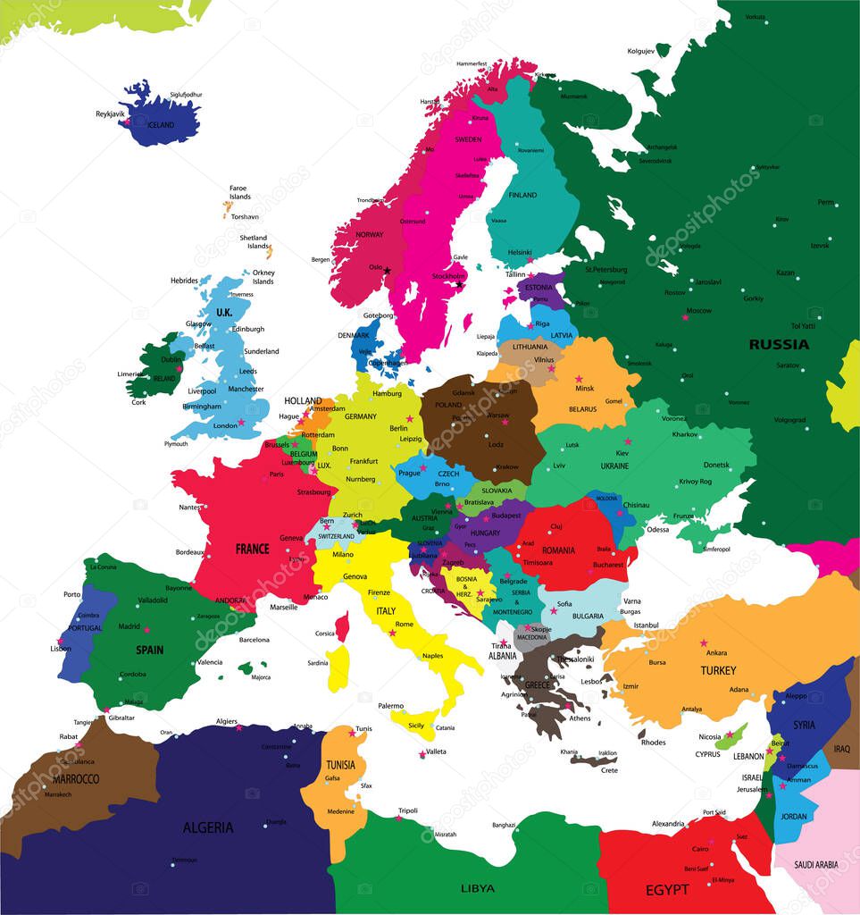 Political map of Europe in vector format  with all the major cities