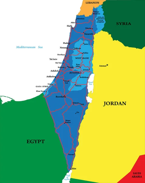 Mycket Detaljerad Vektorkarta Över Israel Med Huvudstäder Vägar Och Grannländer — Stock vektor