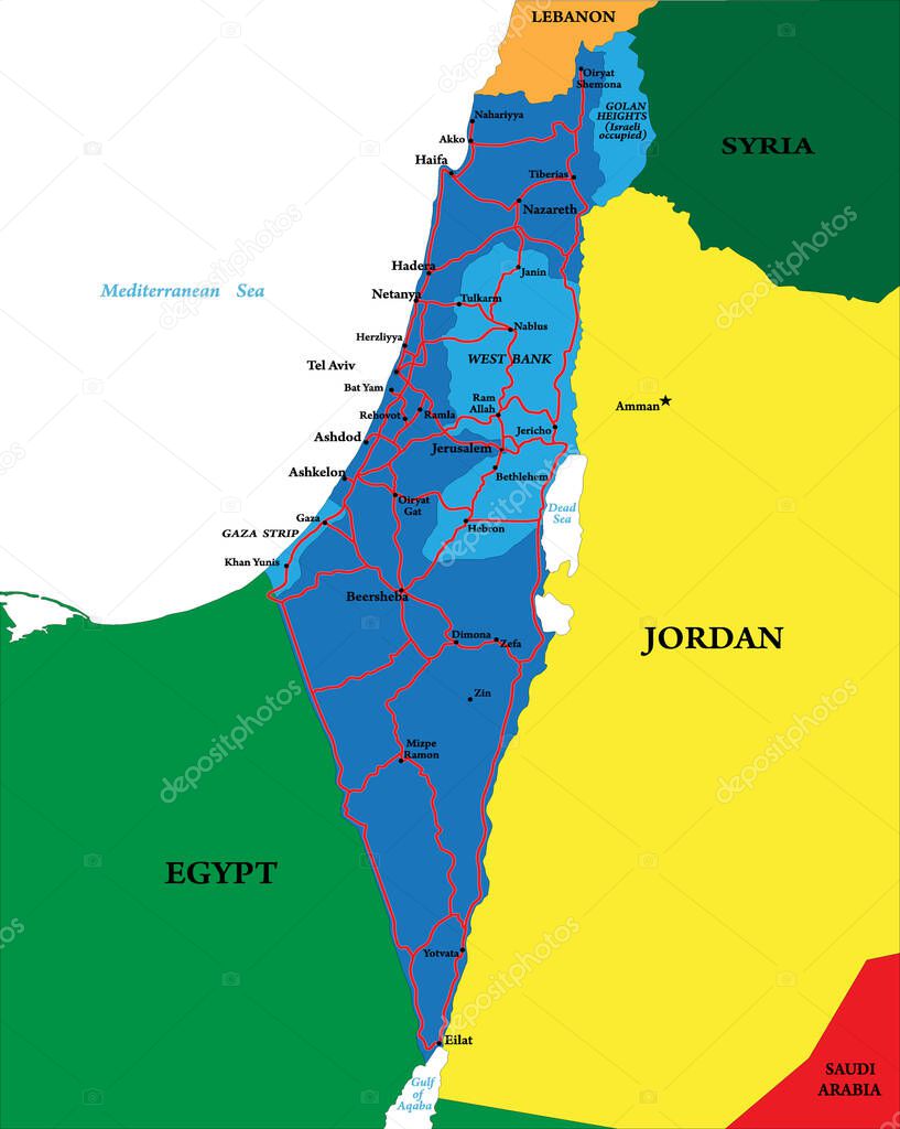 Highly detailed vector map of Israel with main cities, roads and neighbour countries.