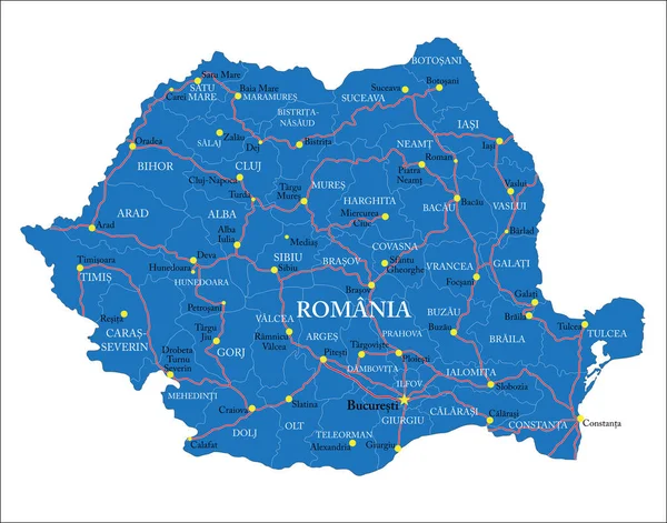 Rumania Mapa Vectorial Altamente Detallado Con Regiones Administrativas Principales Ciudades — Vector de stock
