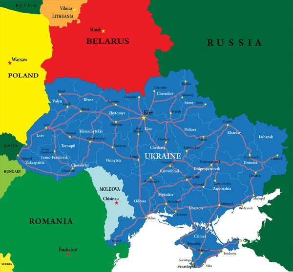 İdari bölgeleri, ana şehirleri ve yolları ile Ukrayna 'nın son derece ayrıntılı vektör haritası.