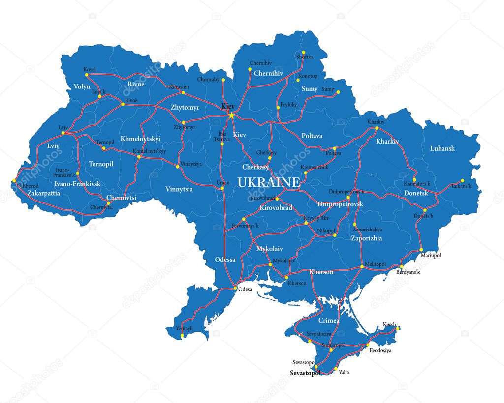 Ukraine highly detailed vector map with administrative regions, main cities and roads.