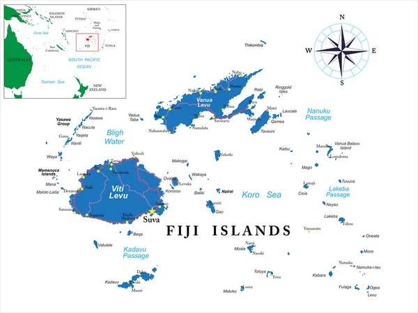 Mycket Detaljerad Vektorkarta Över Fiji Med Större Städer Och Vägar — Stock vektor