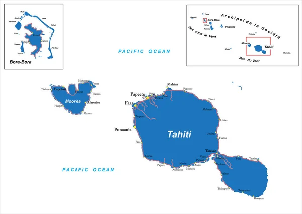 Zeer Gedetailleerde Vectorkaart Van Tahiti Bora Bora Met Belangrijkste Steden — Stockvector