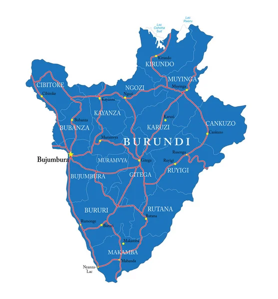 Mappa Vettoriale Altamente Dettagliata Del Burundi Con Province Città Strade — Vettoriale Stock