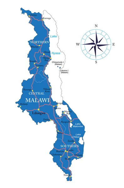 Vysoce Podrobná Vektorová Mapa Malawi Provinciemi Hlavními Městy Silnicemi — Stockový vektor