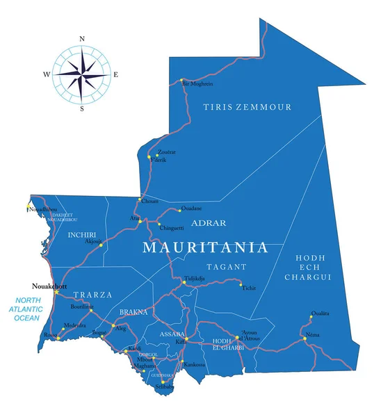 Vysoce Podrobná Vektorová Mapa Mauritánie Provinciemi Hlavními Městy Silnicemi — Stockový vektor