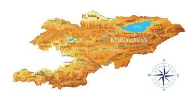 Kırgızistan fiziksel haritası, vektör formatında, tüm yardım formları, bölgeler ve büyük şehirlerle.