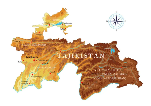 Mappa Fisica Del Tagikistan Formato Vettoriale Con Tutte Forme Rilievo — Vettoriale Stock