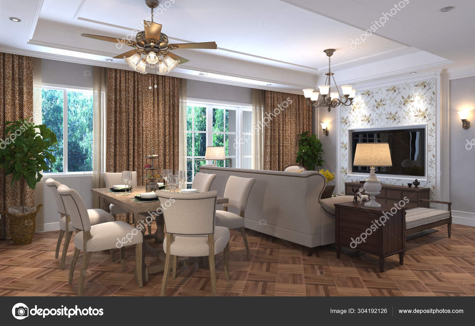 Living Room Interior In American Style 3d Illustration