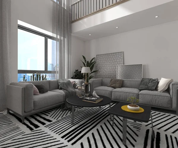 Living room interior in american style 3D illustration