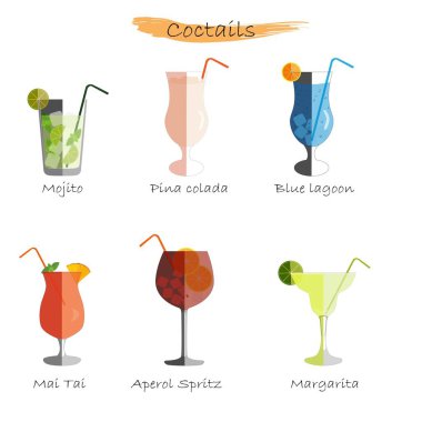 Kokteyller hazır, mojito ve pina-colada ve mavi lagün ve mai tai ve aperol Spritz, margarita, vektör çizimi