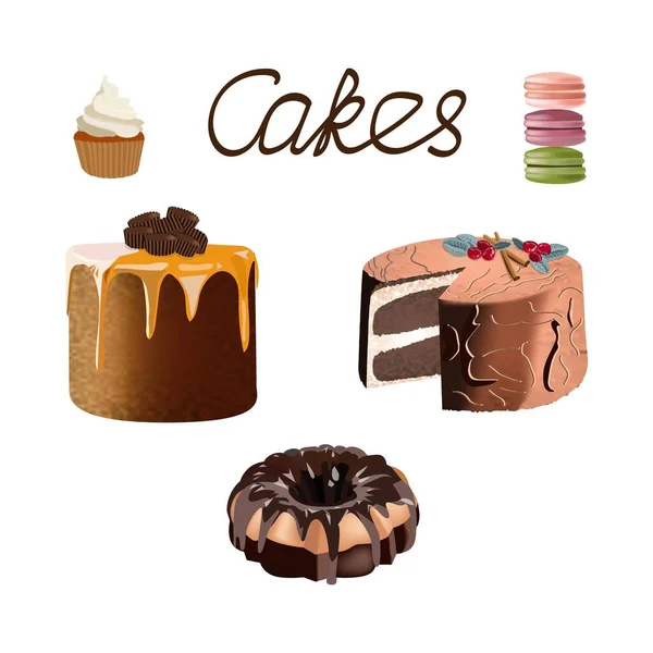 Набор для выпечки, торт, шоколадный кекс, макароны, векторные иллюстрации — стоковый вектор