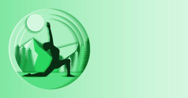 Horizontal template. Anjaneyasana yoga pose. Crescent Lunge on the Knee with Gaze Up pose. Paper cut design. Isolated vector illustration.