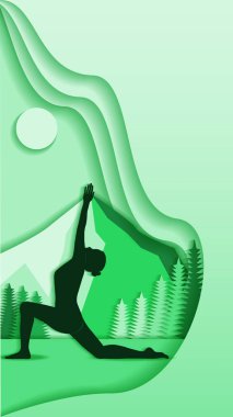 Vertical template. Anjaneyasana yoga pose. Crescent Lunge on the Knee with Gaze Up pose. Paper cut design. Isolated vector illustration