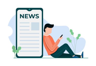 Gadget 'ta haber yayınının vektör çizelgesi. Adam cihaz hakkında haber arıyor. Posterler ve bilgi grafikleri için iyidir. Vektör illüstrasyonu