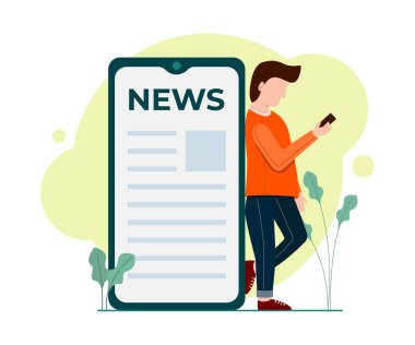 Gadget 'ta haber yayınının vektör çizelgesi. Adam cihaz hakkında haber arıyor. Posterler ve bilgi grafikleri için iyidir. Vektör illüstrasyonu