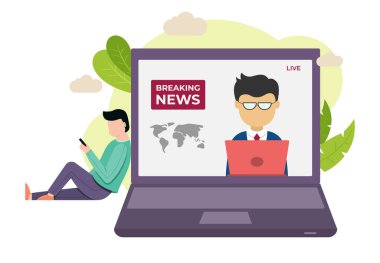 Gadget 'ta haber yayınının vektör çizelgesi. Adam cihaz hakkında haber arıyor. Posterler ve bilgi grafikleri için iyidir. Vektör illüstrasyonu