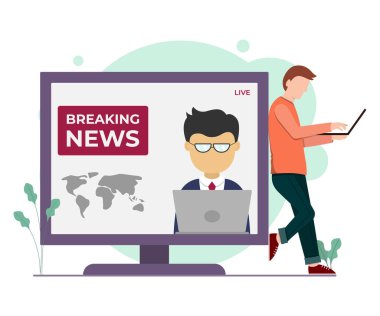 Gadget 'ta haber yayınının vektör çizelgesi. Adam cihaz hakkında haber arıyor. Posterler ve bilgi grafikleri için iyidir. Vektör illüstrasyonu
