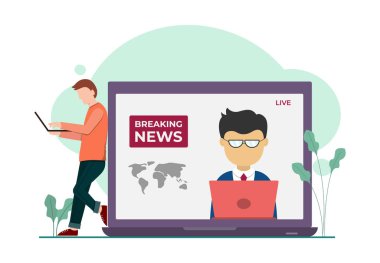 Gadget 'ta haber yayınının vektör çizelgesi. Adam cihaz hakkında haber arıyor. Posterler ve bilgi grafikleri için iyidir. Vektör illüstrasyonu