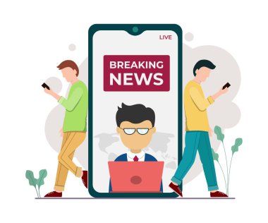 Gadget 'ta haber yayınının vektör çizelgesi. Adam cihaz hakkında haber arıyor. Posterler ve bilgi grafikleri için iyidir. Vektör illüstrasyonu