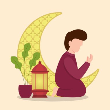 Ramazan 'da namaz kılan bir Müslümanın resmi. vektör illüstrasyonu