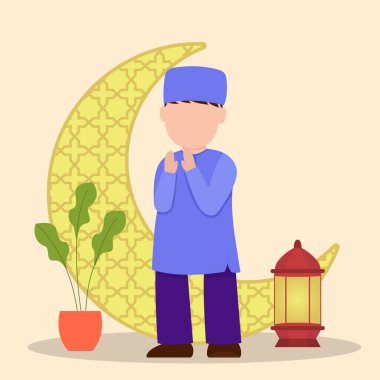 Müslümanların dua edişinin bir örneği. Müslümanlar Ramazan ayında namaz kılarlar. Vektör illüstrasyonu