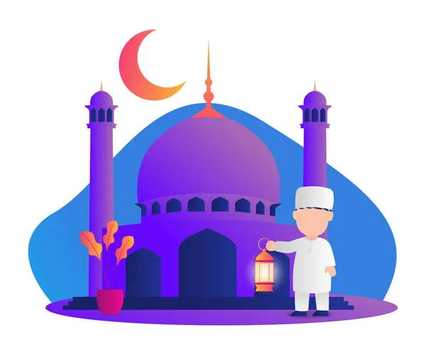 illustration of muslim kids holding lantern. Ramadan kareem illustration with muslim kids. vector illustration