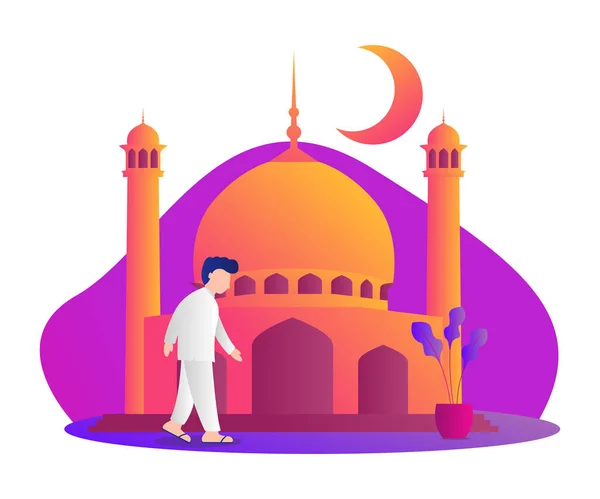 illustration of a Muslim walking to the mosque. Ramadan kareem illustration with muslim people. vector illustration