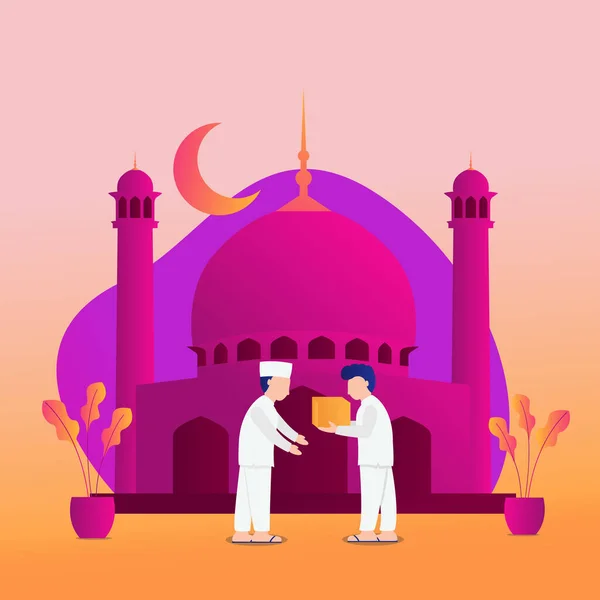 Müslüman 'ın hediye vermesinin bir örneği. Ramazan ayında sadaka. vektör illüstrasyonu