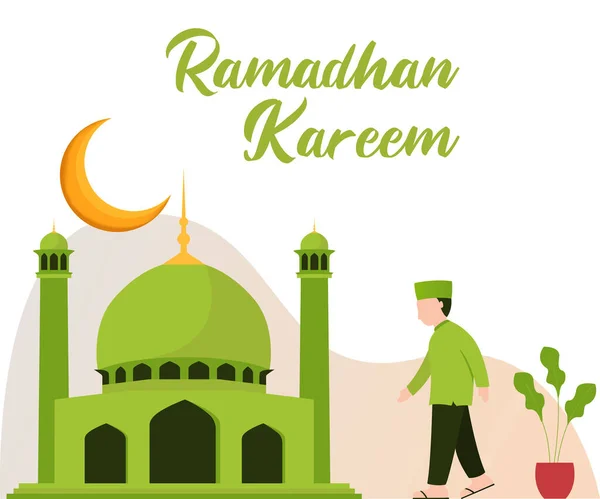 illustration of a Muslim bring lamp and walking to the mosque. Ramadan kareem illustration with muslim people. vector illustration