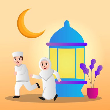 Koşan Müslüman çiftin illüstrasyon vektör grafiği. Ramazan çizimleri için mükemmel. vektör illüstrasyonu