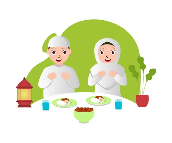 Gambaran Vektor Dari Pasangan Muslim Yang Iftar Sempurna Untuk Ramadhan - Stok Vektor