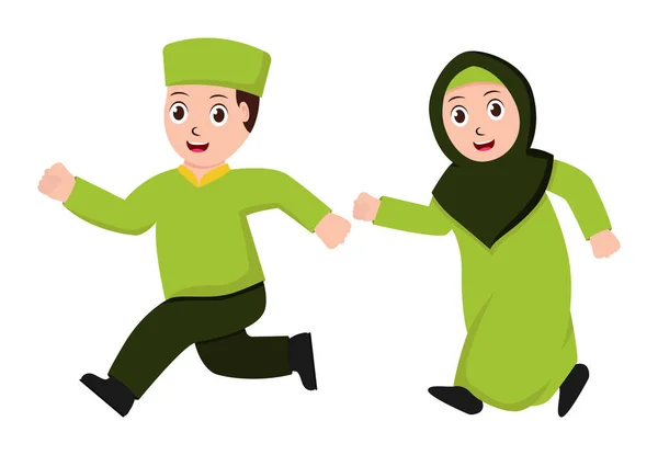 Koşan Müslüman çiftin illüstrasyon vektör grafiği. Ramazan çizimleri için mükemmel. vektör illüstrasyonu
